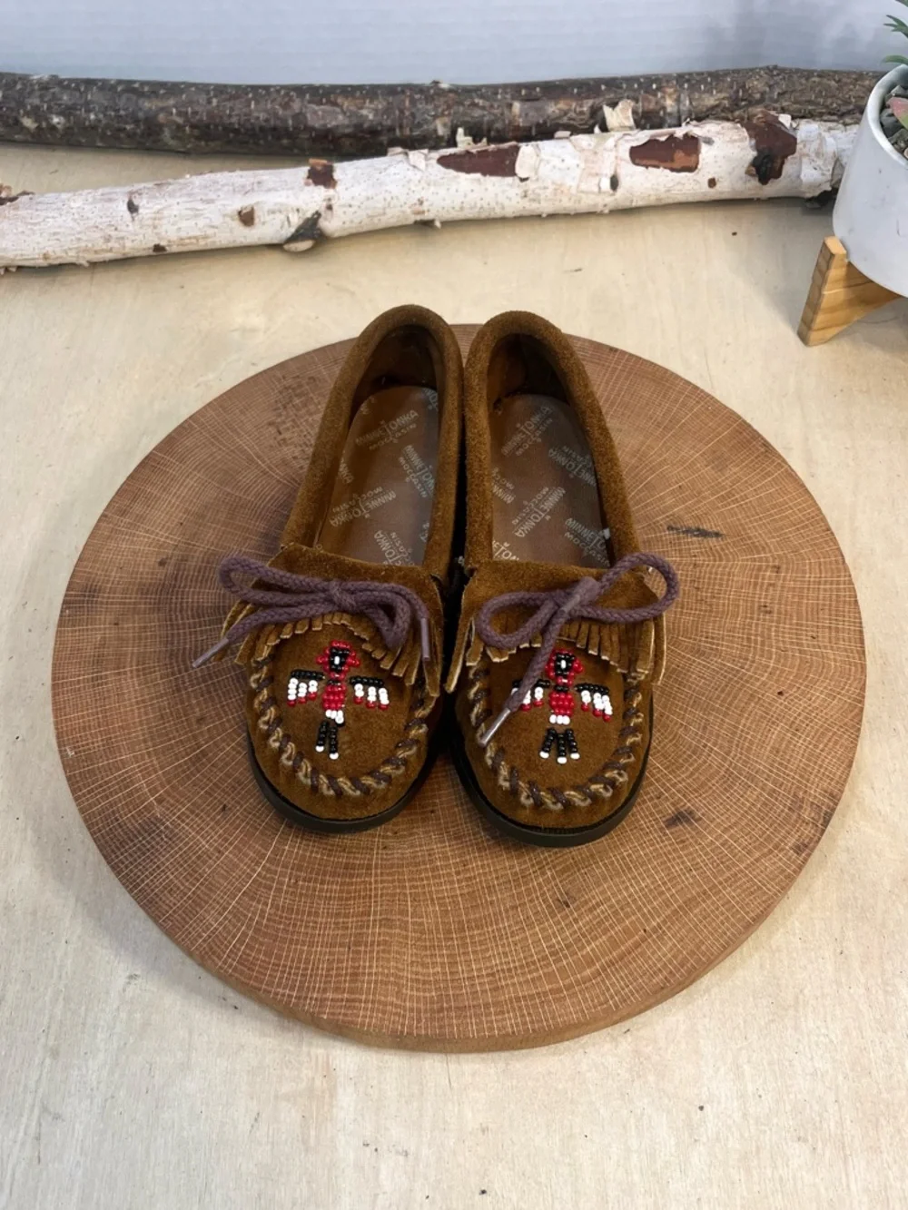 Minnetonka Thunderbird II Beaded Suede Moccasins Brown Size 13